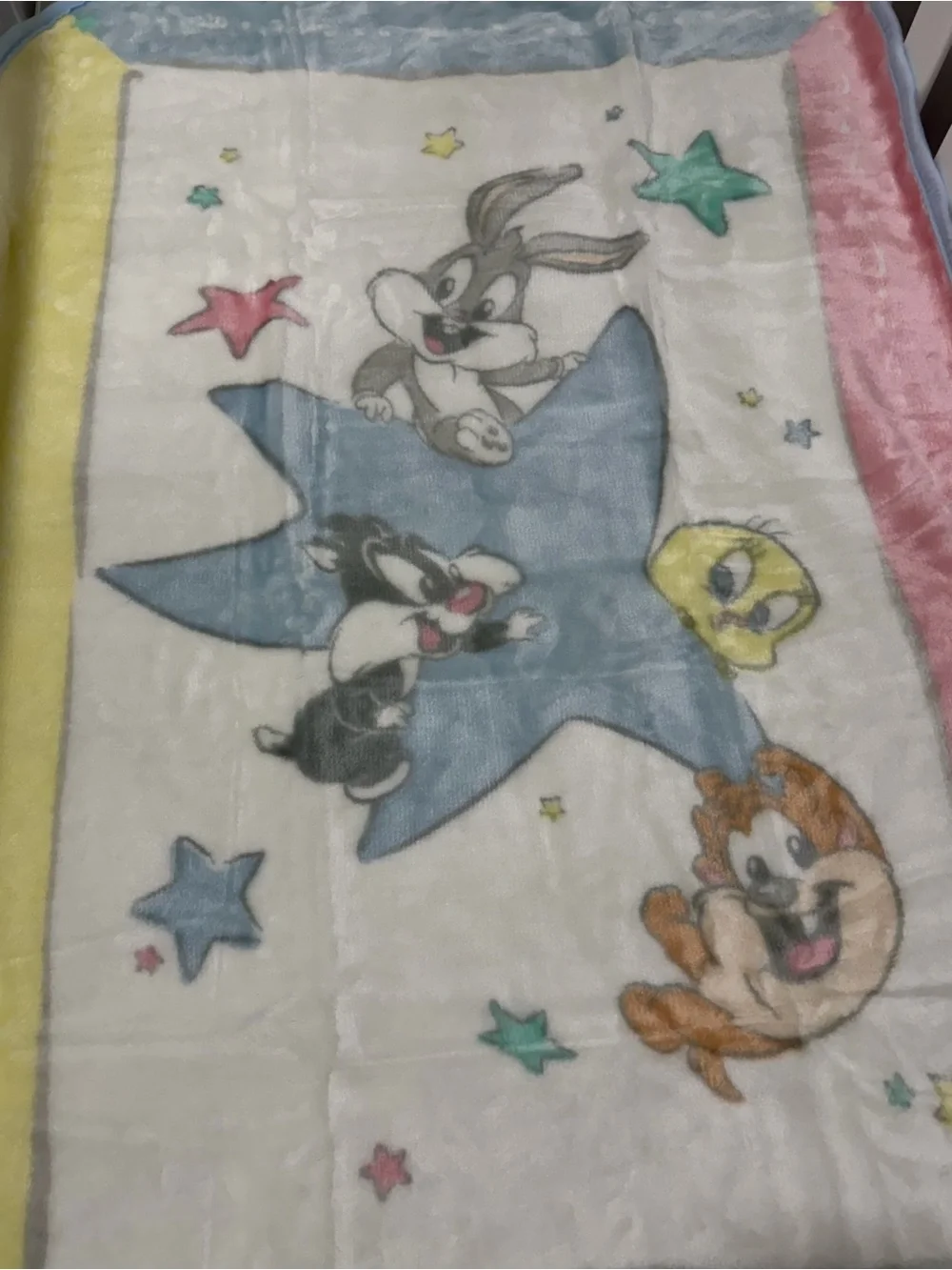 Baby Cartoon Star Plush Blanket - White with Pastel Accents